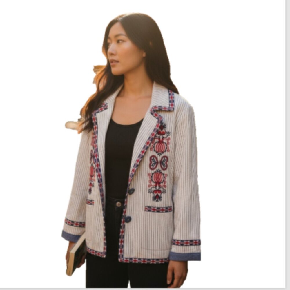 Title: Max Studio London Natalie Embroidered Striped Jacket Women’s L Cream Blue